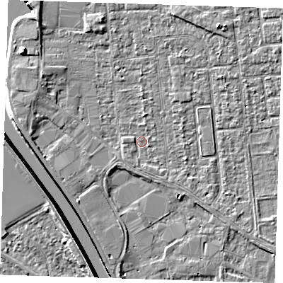 Shaded relief map of the ground around PE133LD, computed from Environment Agency LiDAR. The ground here sits at about 4 m above sea level and falls 8 m across the surrounding 800 m. Surface water reaching this point runs off ground lying to the south-west, 0.9 m higher.
