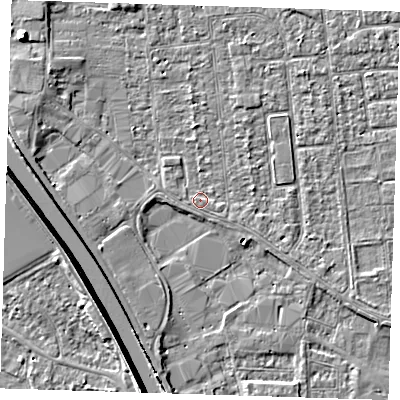 Shaded relief map of the ground around PE133LE, computed from Environment Agency LiDAR. The ground here sits at about 4 m above sea level and falls 8 m across the surrounding 800 m. Surface water reaching this point runs off ground lying to the west, 0.7 m higher.