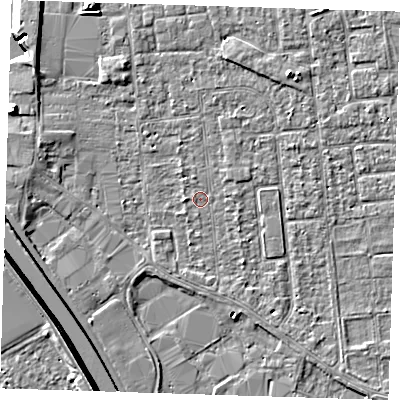 Shaded relief map of the ground around PE133LF, computed from Environment Agency LiDAR. The ground here sits at about 4 m above sea level and falls 9 m across the surrounding 800 m. Surface water reaching this point runs off ground lying to the west, 1.1 m higher.
