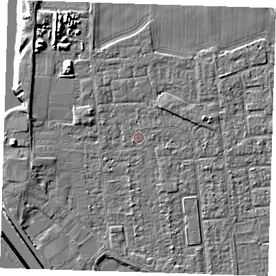 Shaded relief map of the ground around PE133LG, computed from Environment Agency LiDAR. The ground here sits at about 4 m above sea level and falls 10 m across the surrounding 800 m. Surface water reaching this point runs off ground lying to the west-south-west, 0.5 m higher.