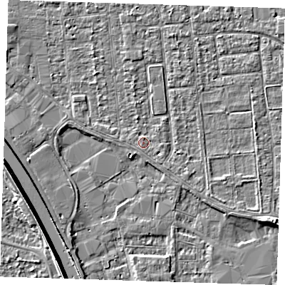 Shaded relief map of the ground around PE133LH, computed from Environment Agency LiDAR. The ground here sits at about 4 m above sea level and falls 7 m across the surrounding 800 m. Surface water reaching this point runs off ground lying to the south-south-east, 1.0 m higher.