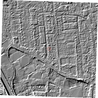 Shaded relief map of the ground around PE133LJ, computed from Environment Agency LiDAR. The ground here sits at about 4 m above sea level and falls 7 m across the surrounding 800 m. Surface water reaching this point runs off ground lying to the south-south-west, 1.0 m higher.