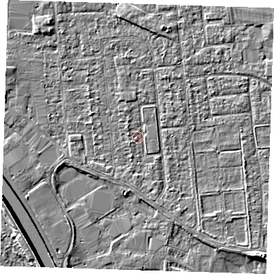 Shaded relief map of the ground around PE133LL, computed from Environment Agency LiDAR. The ground here sits at about 4 m above sea level and falls 6 m across the surrounding 800 m. Surface water reaching this point runs off ground lying to the north-west, 0.9 m higher.