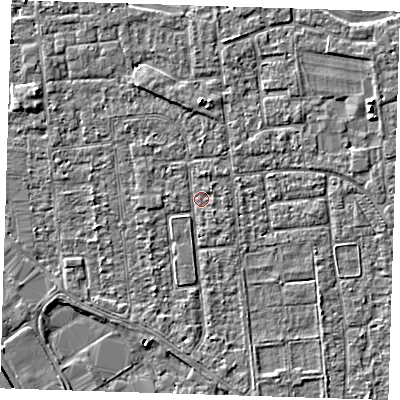 Shaded relief map of the ground around PE133LN, computed from Environment Agency LiDAR. The ground here sits at about 4 m above sea level and falls 6 m across the surrounding 800 m. Surface water reaching this point runs off ground lying to the south-west, 1.3 m higher.