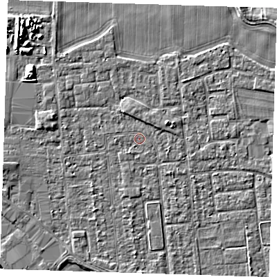Shaded relief map of the ground around PE133LP, computed from Environment Agency LiDAR. The ground here sits at about 4 m above sea level and falls 10 m across the surrounding 800 m. Surface water reaching this point runs off ground lying to the north, 2.4 m higher.