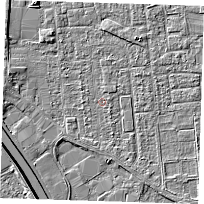 Shaded relief map of the ground around PE133LQ, computed from Environment Agency LiDAR. The ground here sits at about 4 m above sea level and falls 9 m across the surrounding 800 m. Surface water reaching this point runs off ground lying to the north-west, 3.2 m higher.