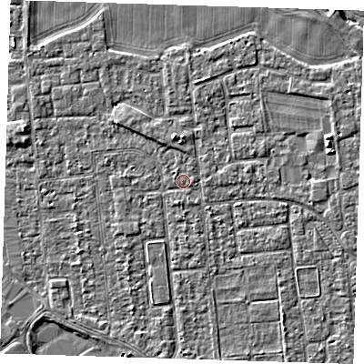 Shaded relief map of the ground around PE133LR, computed from Environment Agency LiDAR. The ground here sits at about 4 m above sea level and falls 5 m across the surrounding 800 m. Surface water reaching this point runs off ground lying to the north-west, 2.4 m higher.