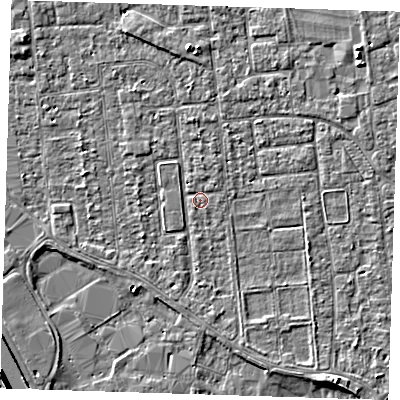 Shaded relief map of the ground around PE133LS, computed from Environment Agency LiDAR. The ground here sits at about 4 m above sea level and falls 6 m across the surrounding 800 m. Surface water reaching this point runs off ground lying to the west-south-west, 1.7 m higher.