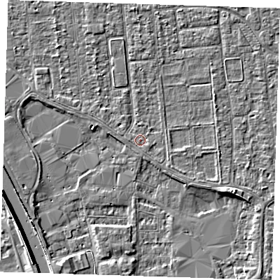 Shaded relief map of the ground around PE133LT, computed from Environment Agency LiDAR. The ground here sits at about 4 m above sea level and falls 7 m across the surrounding 800 m. Surface water reaching this point runs off ground lying to the south-east, 0.9 m higher.