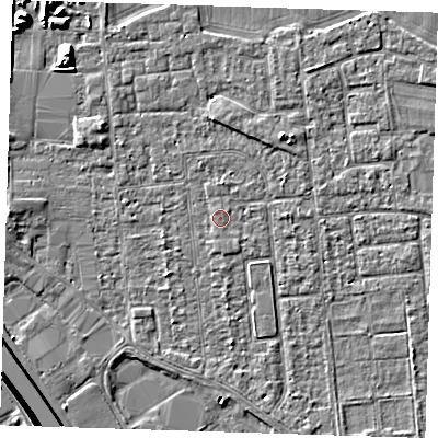 Shaded relief map of the ground around PE133LW, computed from Environment Agency LiDAR. The ground here sits at about 4 m above sea level and falls 9 m across the surrounding 800 m. Surface water reaching this point runs off ground lying to the west, 2.5 m higher.
