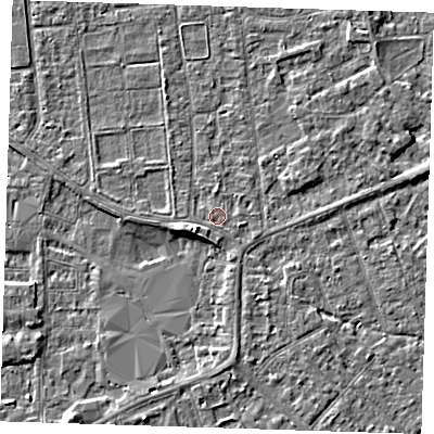Shaded relief map of the ground around PE133NA, computed from Environment Agency LiDAR. The ground here sits at about 4 m above sea level and falls 4 m across the surrounding 800 m. Surface water reaching this point runs off ground lying to the west-south-west, 2.3 m higher.