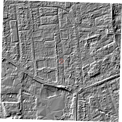 Shaded relief map of the ground around PE133NB, computed from Environment Agency LiDAR. The ground here sits at about 4 m above sea level and falls 6 m across the surrounding 800 m. Surface water reaching this point runs off ground lying to the east-north-east, 1.5 m higher.