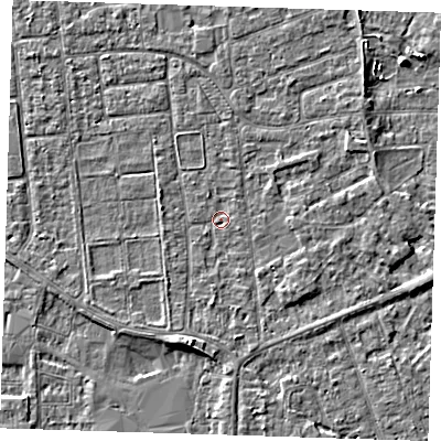 Shaded relief map of the ground around PE133ND, computed from Environment Agency LiDAR. The ground here sits at about 4 m above sea level and falls 4 m across the surrounding 800 m. Surface water reaching this point runs off ground lying to the east-north-east, 1.5 m higher.