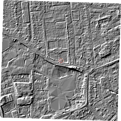 Shaded relief map of the ground around PE133NE, computed from Environment Agency LiDAR. The ground here sits at about 4 m above sea level and falls 6 m across the surrounding 800 m. Surface water reaching this point runs off ground lying to the west, 1.0 m higher.