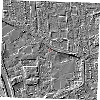 Shaded relief map of the ground around PE133NF, computed from Environment Agency LiDAR. The ground here sits at about 4 m above sea level and falls 7 m across the surrounding 800 m. Surface water reaching this point runs off ground lying to the east, 3.5 m higher.