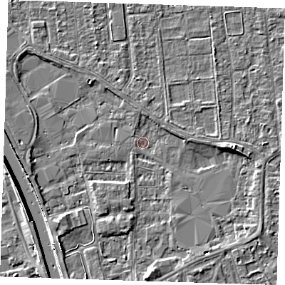 Shaded relief map of the ground around PE133NG, computed from Environment Agency LiDAR. The ground here sits at about 4 m above sea level and falls 7 m across the surrounding 800 m. Surface water reaching this point runs off ground lying to the south-west, 2.6 m higher.