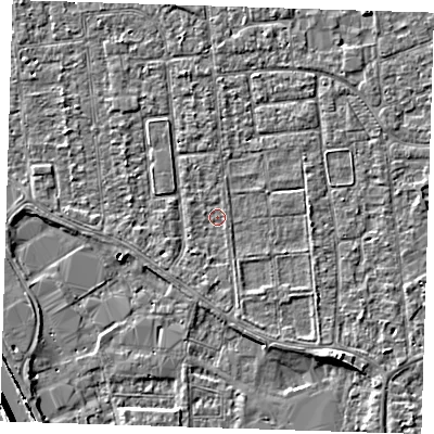 Shaded relief map of the ground around PE133NH, computed from Environment Agency LiDAR. The ground here sits at about 4 m above sea level and falls 7 m across the surrounding 800 m. Surface water reaching this point runs off ground lying to the west-north-west, 1.6 m higher.