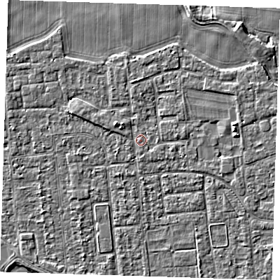 Shaded relief map of the ground around PE133NL, computed from Environment Agency LiDAR. The ground here sits at about 4 m above sea level and falls 3 m across the surrounding 800 m. Surface water reaching this point runs off ground lying to the north-west, 2.4 m higher.
