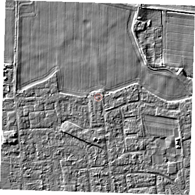 Shaded relief map of the ground around PE133NN, computed from Environment Agency LiDAR. The ground here sits at about 4 m above sea level and falls 7 m across the surrounding 800 m. The ground contributing surface water to this point lies to the east-south-east.