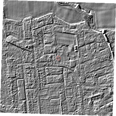 Shaded relief map of the ground around PE133NP, computed from Environment Agency LiDAR. The ground here sits at about 4 m above sea level and falls 4 m across the surrounding 800 m. Surface water reaching this point runs off ground lying to the east-north-east, 2.2 m higher.