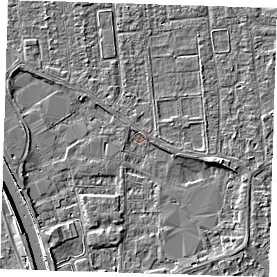 Shaded relief map of the ground around PE133NQ, computed from Environment Agency LiDAR. The ground here sits at about 4 m above sea level and falls 7 m across the surrounding 800 m. Surface water reaching this point runs off ground lying to the north-north-west, 1.2 m higher.