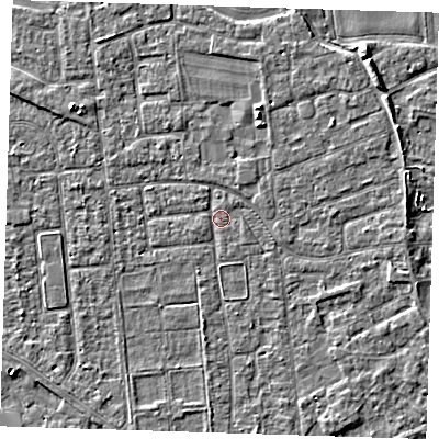 Shaded relief map of the ground around PE133NS, computed from Environment Agency LiDAR. The ground here sits at about 4 m above sea level and falls 5 m across the surrounding 800 m. Surface water reaching this point runs off ground lying to the west, 1.5 m higher.