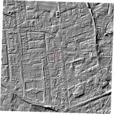 Shaded relief map of the ground around PE133NT, computed from Environment Agency LiDAR. The ground here sits at about 4 m above sea level and falls 4 m across the surrounding 800 m. Surface water reaching this point runs off ground lying to the south-west, 1.7 m higher.