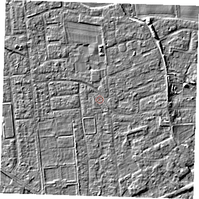 Shaded relief map of the ground around PE133NU, computed from Environment Agency LiDAR. The ground here sits at about 4 m above sea level and falls 3 m across the surrounding 800 m. Surface water reaching this point runs off ground lying to the west-south-west, 0.5 m higher.