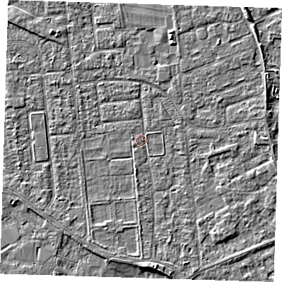 Shaded relief map of the ground around PE133NX, computed from Environment Agency LiDAR. The ground here sits at about 4 m above sea level and falls 6 m across the surrounding 800 m. Surface water reaching this point runs off ground lying to the north-west, 1.6 m higher.