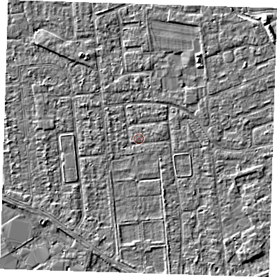 Shaded relief map of the ground around PE133PA, computed from Environment Agency LiDAR. The ground here sits at about 4 m above sea level and falls 5 m across the surrounding 800 m. The ground contributing surface water to this point lies to the south.
