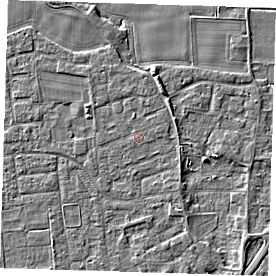 Shaded relief map of the ground around PE133PE, computed from Environment Agency LiDAR. The ground here sits at about 4 m above sea level and falls 5 m across the surrounding 800 m. The ground contributing surface water to this point lies to the north-north-west.