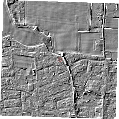 Shaded relief map of the ground around PE133PG, computed from Environment Agency LiDAR. The ground here sits at about 4 m above sea level and falls 5 m across the surrounding 800 m. Surface water reaching this point runs off ground lying to the east-south-east, 2.7 m higher.