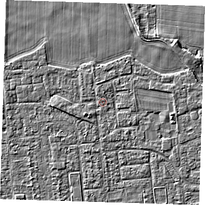 Shaded relief map of the ground around PE133PN, computed from Environment Agency LiDAR. The ground here sits at about 4 m above sea level and falls 3 m across the surrounding 800 m. Surface water reaching this point runs off ground lying to the west-south-west, 2.1 m higher.