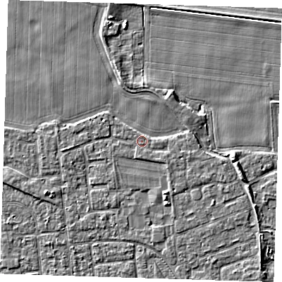 Shaded relief map of the ground around PE133PP, computed from Environment Agency LiDAR. The ground here sits at about 4 m above sea level and falls 5 m across the surrounding 800 m. Surface water reaching this point runs off ground lying to the west, 1.2 m higher.