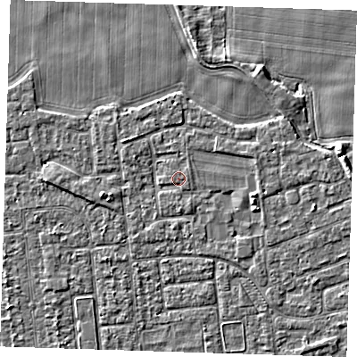 Shaded relief map of the ground around PE133PS, computed from Environment Agency LiDAR. The ground here sits at about 4 m above sea level and falls 4 m across the surrounding 800 m. Surface water reaching this point runs off ground lying to the east-south-east, 2.2 m higher.