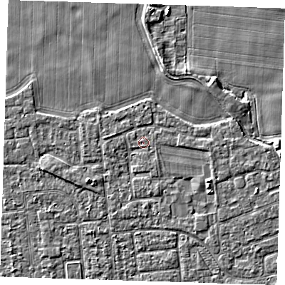 Shaded relief map of the ground around PE133PT, computed from Environment Agency LiDAR. The ground here sits at about 4 m above sea level and falls 4 m across the surrounding 800 m. Surface water reaching this point runs off ground lying to the west-south-west, 0.9 m higher.