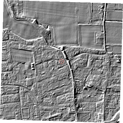 Shaded relief map of the ground around PE133PU, computed from Environment Agency LiDAR. The ground here sits at about 4 m above sea level and falls 5 m across the surrounding 800 m. Surface water reaching this point runs off ground lying to the north-east, 2.6 m higher.