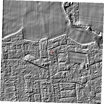 Shaded relief map of the ground around PE133PW, computed from Environment Agency LiDAR. The ground here sits at about 4 m above sea level and falls 4 m across the surrounding 800 m. Surface water reaching this point runs off ground lying to the south, 0.8 m higher.