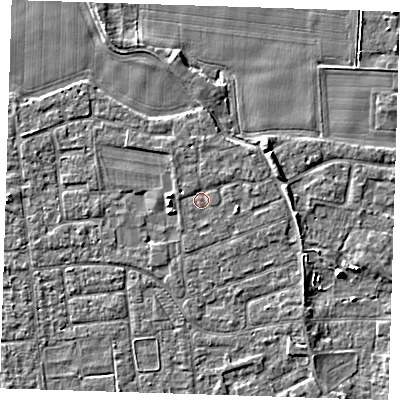 Shaded relief map of the ground around PE133PX, computed from Environment Agency LiDAR. The ground here sits at about 4 m above sea level and falls 4 m across the surrounding 800 m. Surface water reaching this point runs off ground lying to the west, 1.0 m higher.