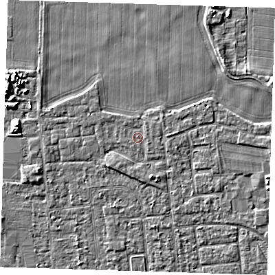 Shaded relief map of the ground around PE133PZ, computed from Environment Agency LiDAR. The ground here sits at about 4 m above sea level and falls 8 m across the surrounding 800 m. Surface water reaching this point runs off ground lying to the east-north-east, 0.6 m higher.
