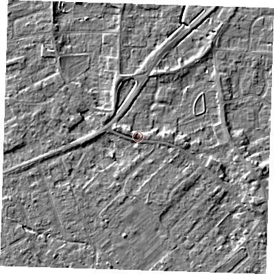 Shaded relief map of the ground around PE133QA, computed from Environment Agency LiDAR. The ground here sits at about 5 m above sea level and falls 5 m across the surrounding 800 m. Surface water reaching this point runs off ground lying to the west-north-west, 2.0 m higher.