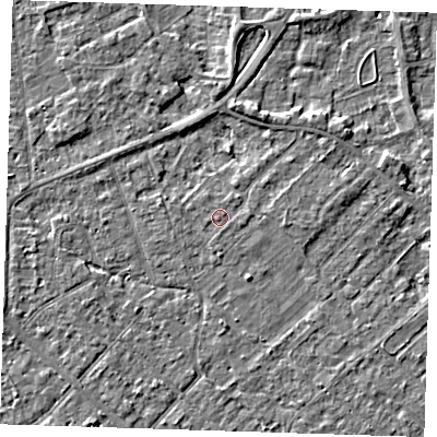 Shaded relief map of the ground around PE133QD, computed from Environment Agency LiDAR. The ground here sits at about 4 m above sea level and falls 3 m across the surrounding 800 m. The ground contributing surface water to this point lies to the north-north-east.