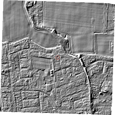 Shaded relief map of the ground around PE133QF, computed from Environment Agency LiDAR. The ground here sits at about 4 m above sea level and falls 4 m across the surrounding 800 m. Surface water reaching this point runs off ground lying to the west-south-west, 1.1 m higher.