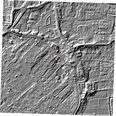 Shaded relief map of the ground around PE133QL, computed from Environment Agency LiDAR. The ground here sits at about 4 m above sea level and falls 4 m across the surrounding 800 m. Surface water reaching this point runs off ground lying to the west, 2.1 m higher.