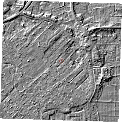 Shaded relief map of the ground around PE133QW, computed from Environment Agency LiDAR. The ground here sits at about 4 m above sea level and falls 3 m across the surrounding 800 m. Surface water reaching this point runs off ground lying to the north-north-west, 1.9 m higher.