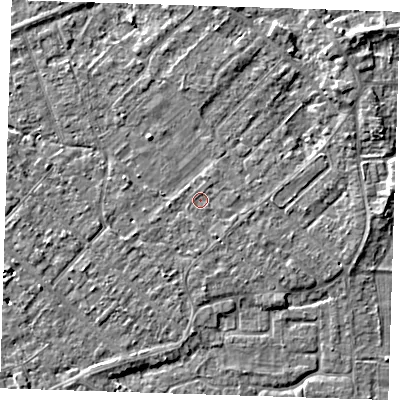 Shaded relief map of the ground around PE133UR, computed from Environment Agency LiDAR. The ground here sits at about 4 m above sea level and falls 3 m across the surrounding 800 m. Surface water reaching this point runs off ground lying to the east, 0.9 m higher.