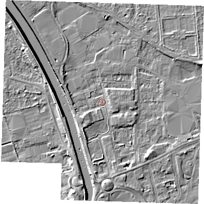 Shaded relief map of the ground around PE133XE, computed from Environment Agency LiDAR. The ground here sits at about 4 m above sea level and falls 7 m across the surrounding 800 m. Surface water reaching this point runs off ground lying to the south-west, 2.2 m higher.