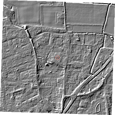 Shaded relief map of the ground around PE133XG, computed from Environment Agency LiDAR. The ground here sits at about 4 m above sea level and falls 5 m across the surrounding 800 m. The ground contributing surface water to this point lies to the south-west.