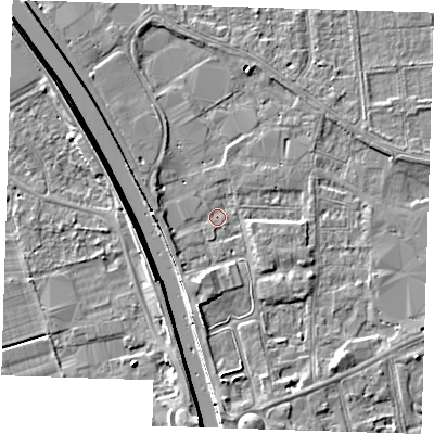 Shaded relief map of the ground around PE133YB, computed from Environment Agency LiDAR. The ground here sits at about 4 m above sea level and falls 7 m across the surrounding 800 m. Surface water reaching this point runs off ground lying to the south-south-west, 2.2 m higher.