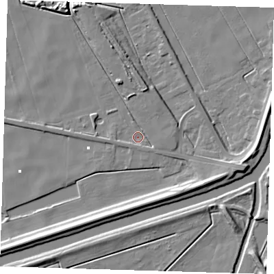 Shaded relief map of the ground around PE134AA, computed from Environment Agency LiDAR. The ground here sits at about -0 m above sea level and falls 9 m across the surrounding 800 m. Surface water reaching this point runs off ground lying to the east-south-east, 5.8 m higher.